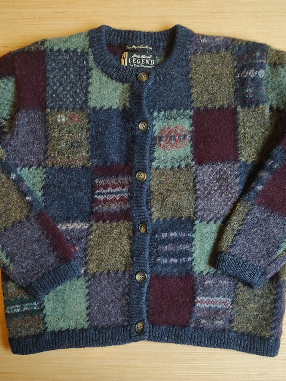 Eddie Bauer Legend Patchwork Wool Cardigan Crop Cropped Sweater L Blue Green